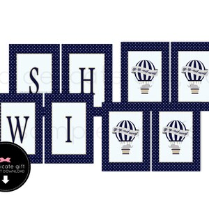 INSTANT DOWNLOAD Up Up and Away Baby Elephant Wish Banner, navy baby shower image 1