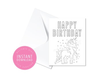 Printable Happy Birthday Card | Unicorn - Instant Download, DIY coloring page, print and color