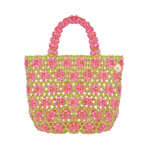 Green Beaded Tote with Pink Daisy – Handmade Floral Beach Bag, Summer Tote Purse, Unique Beadwork, Gift for Her