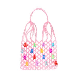 Pink Bear Hug Beaded Beach Bag – Handmade Beaded Tote, Cute Summer Purse, Unique Beadwork, Gift for Her