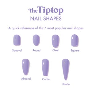 May include: An illustration of seven nail shapes in a pale purple hue. The shapes are Squoval, Round, Oval, Square, Almond, Coffin, and Stiletto. The text reads "The Tiptop NAIL SHAPES" and "A quick reference of the 7 most popular nail shapes".
