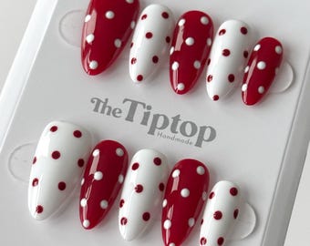 Red Polka Dot Red Press On Nails | Reusable Nails | Red Nails | Kawaii Nails | Holiday Christmas Nails | Mid Almond Nails | M54