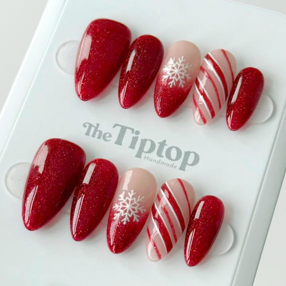 Christmas Red Press On Nails | Snowflake Nails | Candy Cane Stripes | Holiday Party Nails | Reusable Nails | Mid Almond Nails | M51