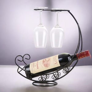 Elegant Wine Bottle Holder with 2 Glass Rack – Metal Wine Stand for Home Bar, Kitchen Decor, Gift for Wine Lovers