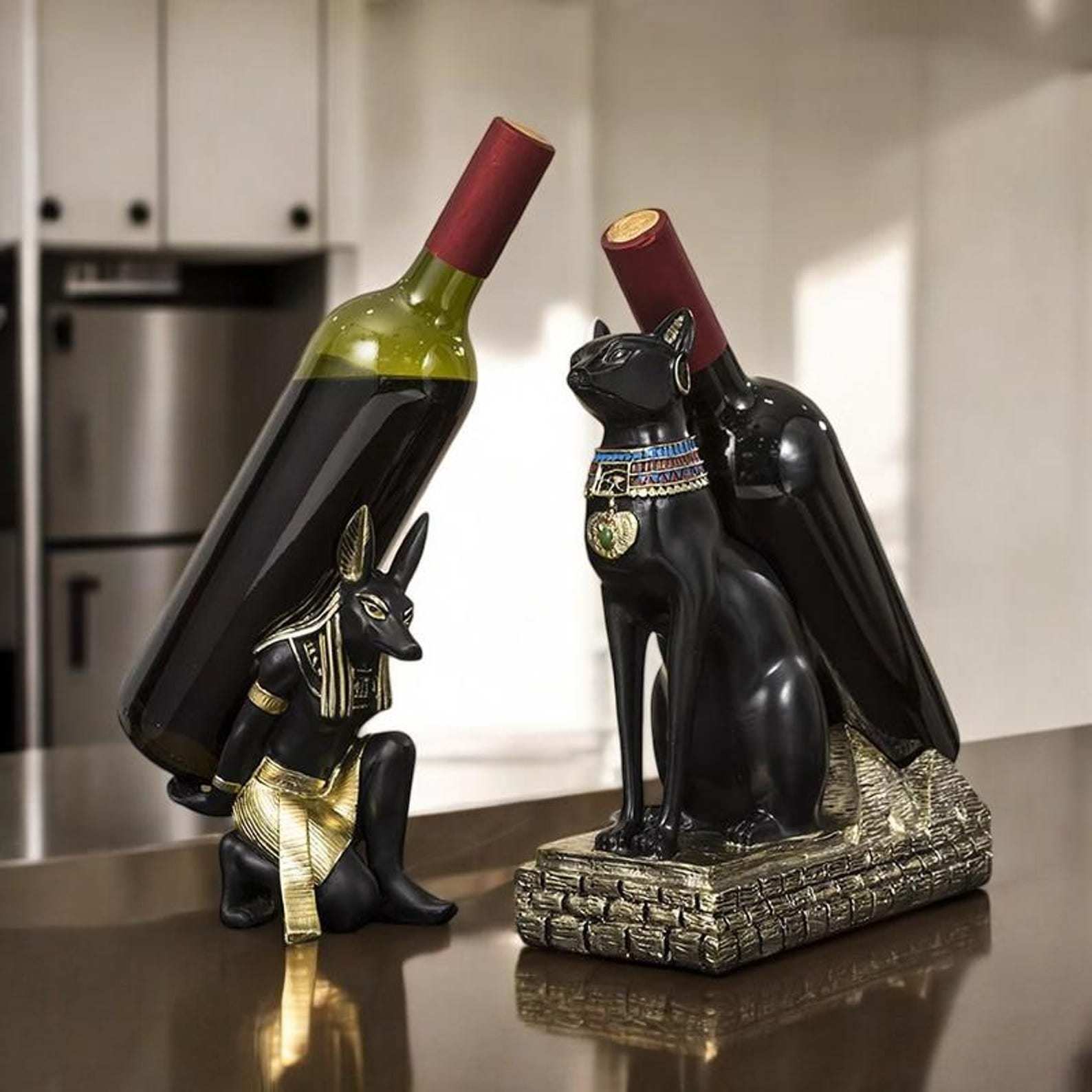 Anubis & Bastet Cat Wine Rack – Egyptian Gods Resin Bottle Holder, Bar ...