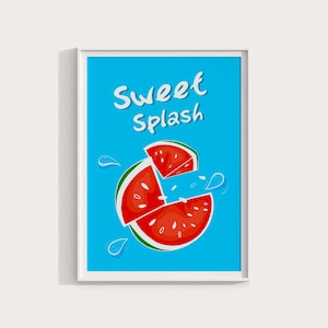 Sweet Splash Watermelon Poster | Summer Fruit Wall Art | Bright Blue Printable Kitchen Decor