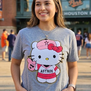 Pink Kitty Astros Patch Shirt, Houston Baseball Fan Chenille Patch T-Shirt, Cute Pink Anime Cat Baseball Tee with Patch, Houston Pride Baseb