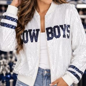 White Sequin Cowboys Bomber Jacket, Game Day Fan Style (One Size)