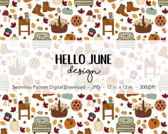 May include: A seamless digital pattern featuring autumn-themed illustrations. The design includes pumpkins, leaves, boots, mushrooms, furniture, and pie. The text "HELLO JUNE design" is visible. The pattern is 12 inches by 12 inches.