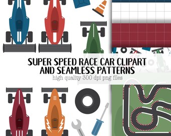 May include: A set of digital clipart images featuring race cars in various colors, including red, blue, green, orange, and black. The clipart also includes a racetrack, a tire, a wrench, a screwdriver, and a fuel can. The text "SUPER SPEED RACE CAR CLIPART AND SEAMLESS PATTERNS" is included in the image. The text "high quality 300 dpi png files" is also included in the image.