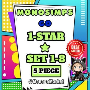 May include: A white rectangular sign with a colorful pop-art background featuring the text MONOSIMPS GO 1-STAR SET 1-8 5 PIECE @MonogoMarket. A red circular BEST SELLER badge and a small illustration of a cartoon character in a black cat hoodie are included.