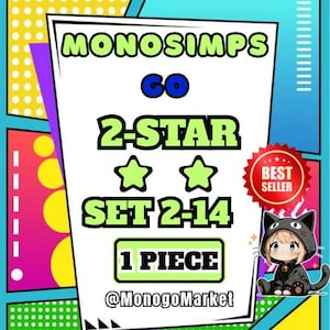 Op de afbeelding: Een grafische advertentie met de tekst MONOSIMPS GO 2-STAR SET 2-14 1 PIECE @MonogoMarket. Het ontwerp bevat twee lichtgroene sterren, een rode ronde BEST SELLER-badge en een kleine illustratie van een personage in een zwarte kattenhoodie.