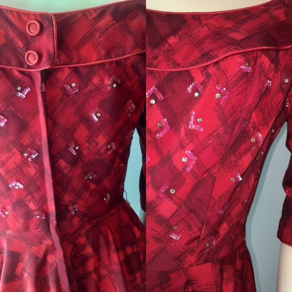 Red Taffeta Sequin 1950's Party Dress Circle Skirt - image 4