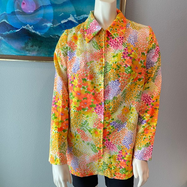 Vintage Handmade Neon Floral Zip Front Tunic Top or Micro Mini Dress Go-Go