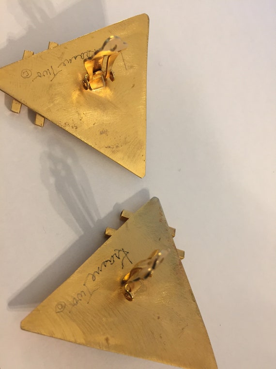 Large Vintage Krasne Two Gold tone Triangle Earri… - image 7