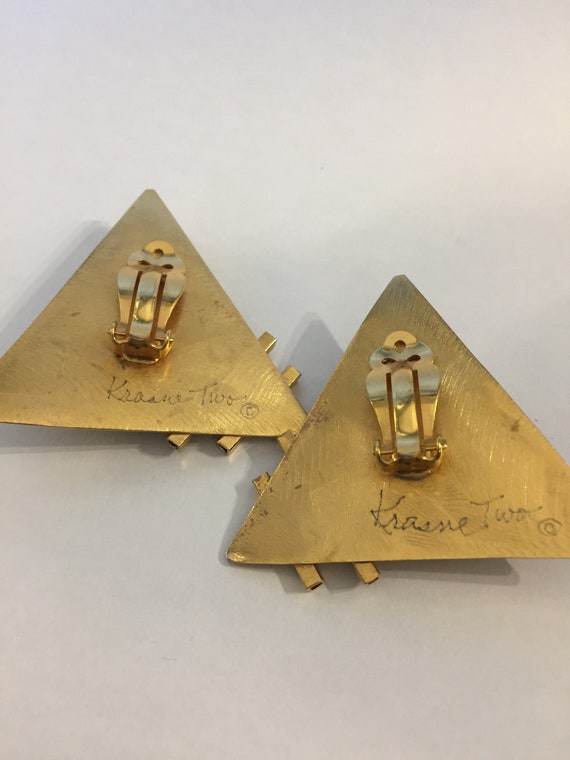 Large Vintage Krasne Two Gold tone Triangle Earri… - image 6