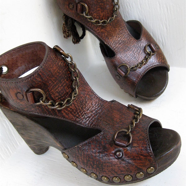 SALE Gladiator Clog Shoe Brown Leather Wooden Wedge Chain Detail Antique Brass Tie back Karen Kell Collection