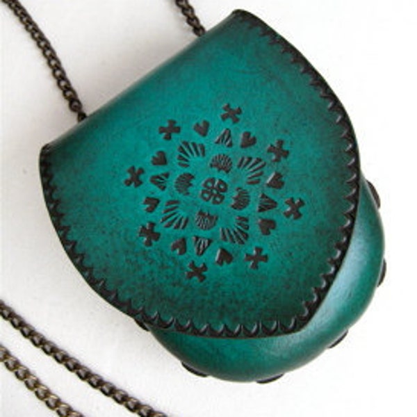 SALE Small Molded Leather Folk Style Tooling in  Dark Teal Turquoise Bag Karen Kell Collection
