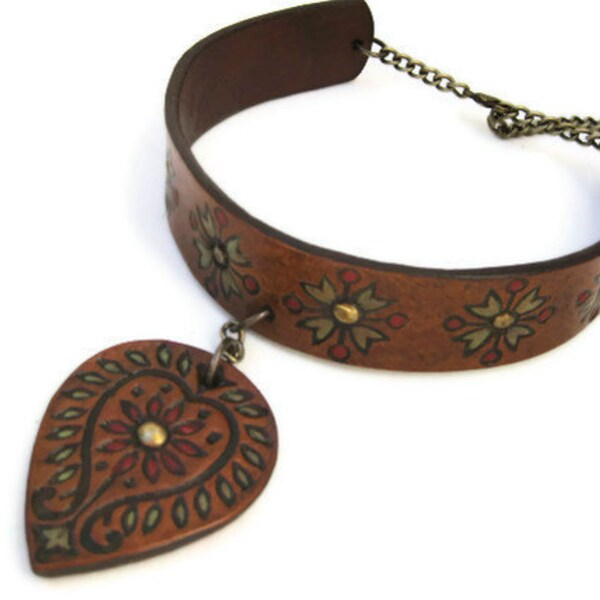 SALE Paisley Tooled Leather Choker Adjustable Brass Studs and Hand Painted flowers