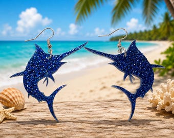 Blue Marlin Glitter Acrylic Earrings, Laser Cut Fishing Jewelry, Ocean Theme