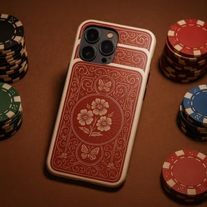 Étui pour portable jeu de cartes Coque à motif papillon floral rouge vintage de style carte à jouer pour les joueurs de poker et les magiciens, idée cadeau iPhone