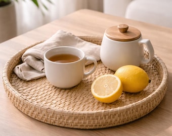 Bandeja redonda de bambú tejida a mano, bandeja de servir de caña ecológica, decoración rústica bohemia para el hogar, bandeja para té, café y aperitivos, bandeja tejida de 30 cm (12 pulgadas)