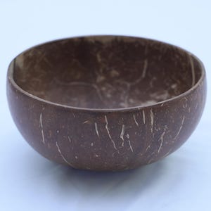 Op de afbeelding: Een natuurlijke, bruine kokosnootschaal met een gladde, afgeronde vorm. De binnen- en buitenkant van de kom hebben een textuur met zichtbare natuurlijke patronen. De kom is leeg en staat op een lichtblauwe ondergrond.