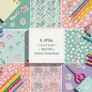 Könnte beinhalten: Ein digitaler Download mit sechs JPGs, jeweils 12x12 Zoll bei 300 DPI. Die Bilder zeigen verschiedene Muster, darunter Blätter, Herzen und florale Designs, zusammen mit niedlichen Aufkleber-Illustrationen und Schreibwaren.