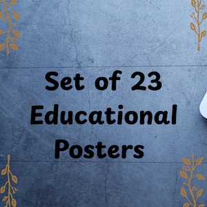 Può includere: Un set di 23 poster didattici. Il testo è in nero su uno sfondo blu-grigio dall'aspetto strutturato. Elementi floreali decorativi color oro sono negli angoli.