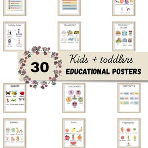 Könnte beinhalten: Eine Sammlung von 30 Lernpostern für Kinder und Kleinkinder. Die Poster behandeln Themen wie Gemeinschaftshelfer, Schulobjekte, Sicherheitsregeln, Transport, Insekten, Tiere, fünf Sinne, Früchte, Gegensätze und Gemüse. Jedes Poster ist gerahmt.