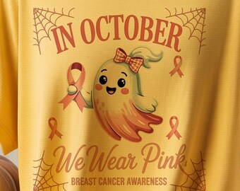 October We Wear Pink Ghost PNG – Halloween Breast Cancer Awareness Clipart (Digital Download)