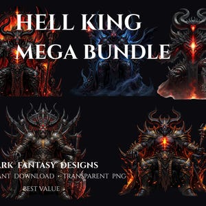 Op de afbeelding: Digitale kunstbundel met vijf dark fantasy ontwerpen van een Helkoning. De afbeeldingen tonen een gehoornde figuur in verschillende poses, met vurige en donkere kleurenschema's. Tekst bevat "HELL KING MEGA BUNDLE" en "5 DARK FANTASY DESIGNS".
