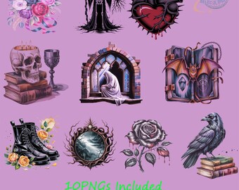 Gothic Skull Clipart Bundle | Dark Raven, Floral PNG Set (10 PNG Pack)
