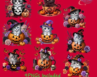 Gothic Halloween Cat PNG Bundle | Witchy Clipart Set (Instant Download)