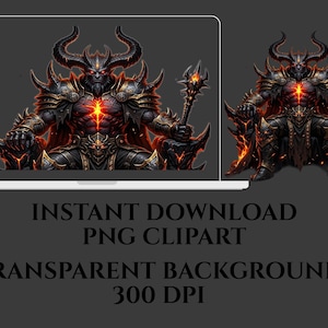 May include: Digital artwork of a demonic figure on a throne, with horns and detailed armour. The figure has a glowing red chest and holds a staff. The image is labelled "INSTANT DOWNLOAD PNG CLIPART".