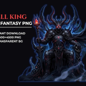 Puede incluir: Ilustración digital de un Rey del Infierno en estilo de fantasía oscura. El rey, con armadura negra con detalles rojos y un casco con cuernos, está sentado en un trono. Sostiene un báculo con una llama en la parte superior. Incluye el texto "HELL KING DARK FANTASY PNG".