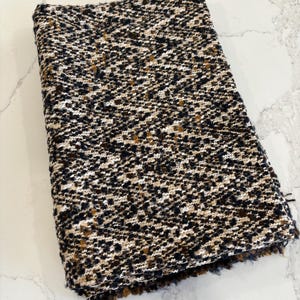 Navy Blue, White & Tan Herringbone Wool Blend Tweed Fabric