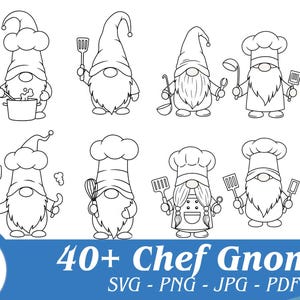 Könnte beinhalten: Schwarz-Weiß-Illustrationen von Koch-Zwergen mit Kochutensilien und -hüten. Das Bild enthält den Text "40+ Chef Gnomes" und Dateityp-Optionen.