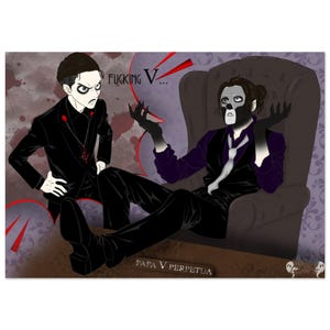 May include: Illustration of two figures in black suits. One stands with an angry expression, the other reclines in a chair, wearing a mask and gesturing with gloved hands. Text reads "FUCKING V..." and "PAPA V PERPETUA".