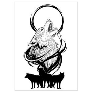 May include: Black and white illustration of a howling wolf with a circular design element above its head. Three wolf silhouettes are positioned below. The artwork is detailed, with a focus on the wolf's open mouth and fur texture.
