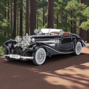 Black 1930s Classic Car Model – Mercedes 500K Style Vintage Convertible Collectible, Luxury Gift for Men or Display