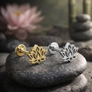 Labret Piercing Stecker | Lotus Blume | Push Fit Threadless | Tragus Helix Chirurgenstahl | 1,2 mm | Sicherer Halt ohne Gewinde Z604