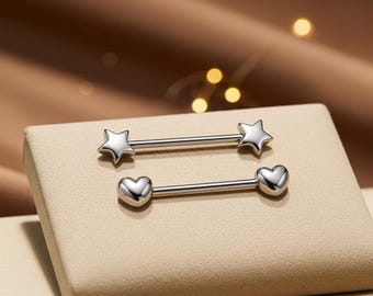 Surgical steel nipple piercing barbell | Heart or star | 14 mm | 1.6 mm | Silver Z579