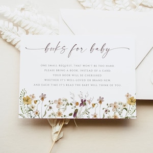 Modèle de carte de demande de livre, carte de livres pour le bébé, insertion d'invitation de baby shower de fleurs sauvages, texte 100 % modifiable, téléchargement immédiat, corjl