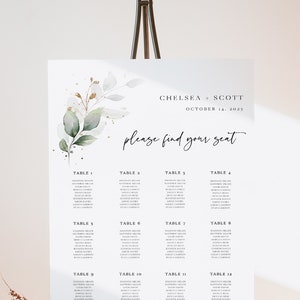 Printable Seating Chart Template, Wedding Seating Sign, Instant Download, 100% Editable Text, Greenery, Any Event, Corjl