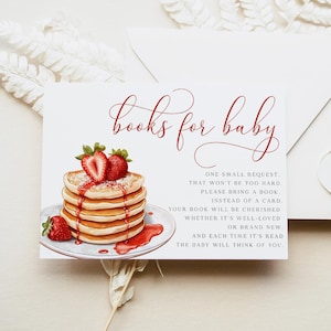 Babyboekverzoek kaart invoegen, babybrunch aardbeienpannenkoek, neem een boek mee in plaats van een kaart, boeken voor baby, direct downloaden