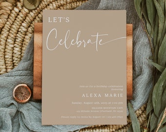 Modern Birthday Party Invite, Boho Birthday Invite, Neutral Tones Birthday Invite, Adult Birthday Party, Editable Template