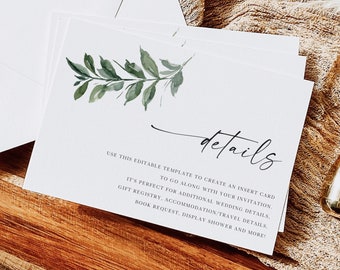 Modern Wedding Details Card Template, Minimalist Wedding Accommodations Card, Wedding Details Card, Eucalyptus Greenery, Instant Download