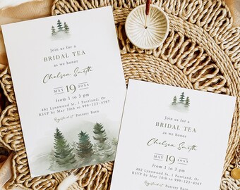 Rustic Bridal Tea Invitation Template, Bridal Shower Invites, Evergreen Trees, Modern, Editable Instant Download