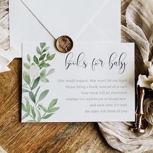 Boekaanvraagkaart Bloemenboeken voor de baby, groene babyshower | Bewerkbare directe download